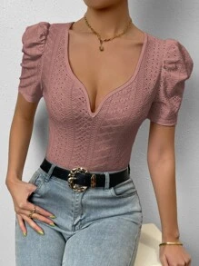 Chiquease Áo thun nữ Tranh thêu màu trơn Giải trí - Bụi hồng - Xem 1