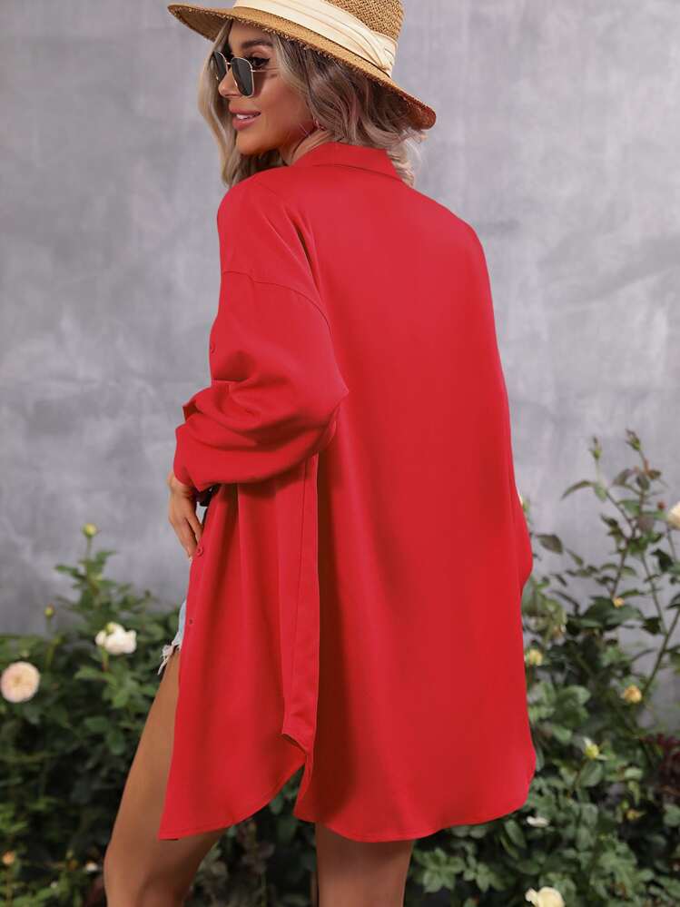 SHEIN LUNE 纯色落肩纽扣前开襟衬衫，适合新年服装 - 紅色 - 查看 2