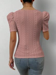 Chiquease Áo thun nữ Tranh thêu màu trơn Giải trí - Bụi hồng - Xem 2