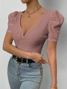 Chiquease Áo thun nữ Tranh thêu màu trơn Giải trí - Bụi hồng - Xem 3