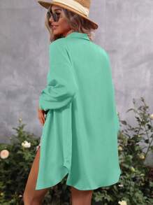 SHEIN Essnce 素色落肩袖前紐扣襯衫 - 薄荷綠 - 查看 2