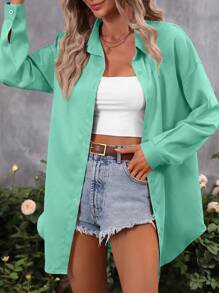 SHEIN Essnce 素色落肩袖前紐扣襯衫 - 薄荷綠 - 查看 4