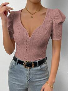 Chiquease Áo thun nữ Tranh thêu màu trơn Giải trí - Bụi hồng - Xem 7