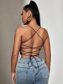 Allurite Lace Up Backless Cami Top - Navy Blue - View 1