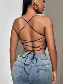 Allurite Lace Up Backless Cami Top - Navy Blue - View 2