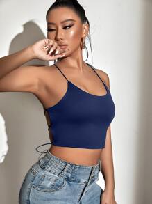Allurite Lace Up Backless Cami Top - Navy Blue - View 4