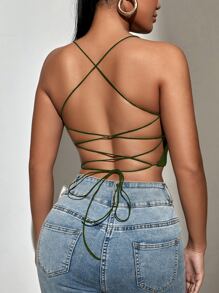 Allurite Lace Up Backless Crop Cami Top - Olive Green - View 2