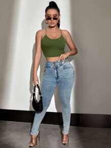 Allurite Lace Up Backless Crop Cami Top - Olive Green - View 3