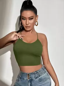 Allurite Lace Up Backless Crop Cami Top - Olive Green - View 4