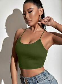Allurite Lace Up Backless Crop Cami Top - Olive Green - View 5
