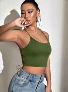 Allurite Lace Up Backless Crop Cami Top - Olive Green - View 6