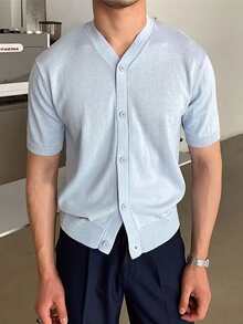 Manfinity Homme Áo dệt kim nam Nút phía trước màu trơn Giải trí - Màu xanh nhạt - Xem 3