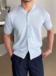 Manfinity Homme Áo dệt kim nam Nút phía trước màu trơn Giải trí - Màu xanh nhạt - Xem 1