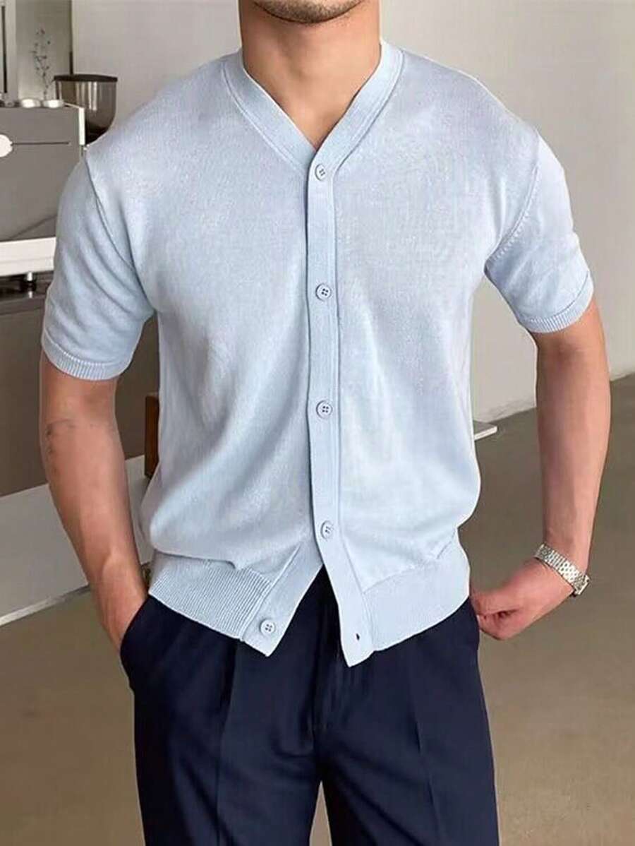 Manfinity Homme Áo dệt kim nam Nút phía trước màu trơn Giải trí - Màu xanh nhạt - Xem 1