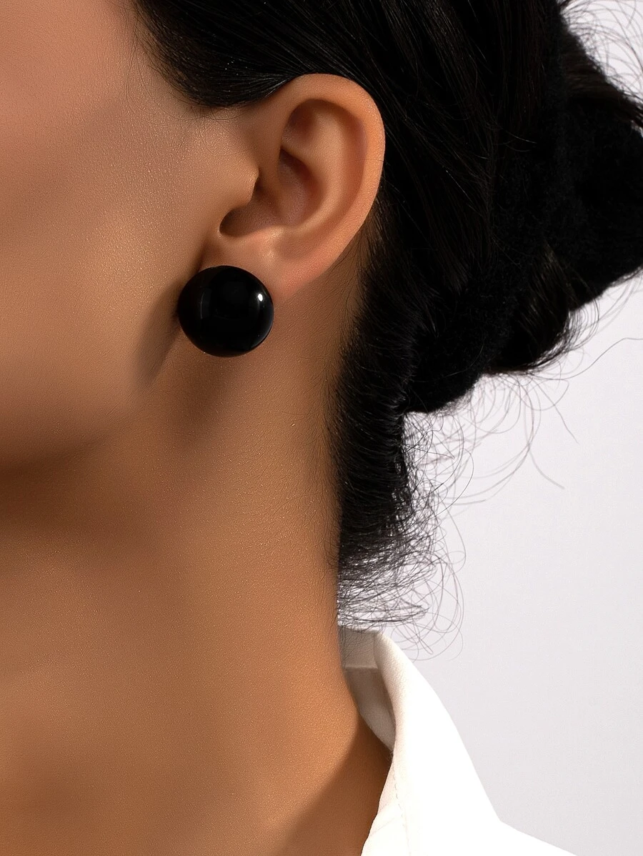 Round Stud Earrings - Black - View 1