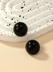 Round Stud Earrings - Black - View 2
