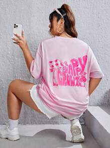 SHEIN EZwear 大碼蝴蝶和標語圖案落肩T恤 - 淺粉色 - 查看 2