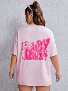 SHEIN EZwear 大碼蝴蝶和標語圖案落肩T恤 - 淺粉色 - 查看 1
