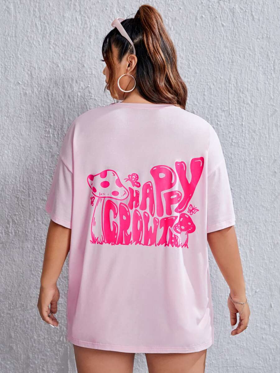 SHEIN EZwear 大碼蝴蝶和標語圖案落肩T恤 - 淺粉色 - 查看 1