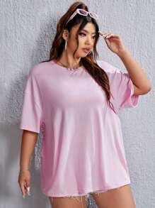 SHEIN EZwear 大碼蝴蝶和標語圖案落肩T恤 - 淺粉色 - 查看 4