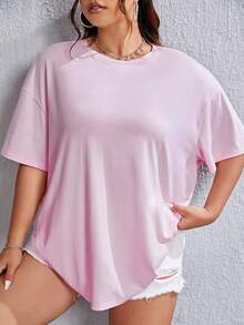 SHEIN EZwear 大碼蝴蝶和標語圖案落肩T恤 - 淺粉色 - 查看 5