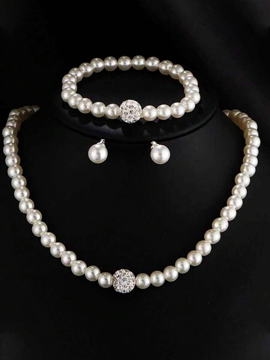 4pcs Faux Pearl Beaded Jewelry Set - White - View 1