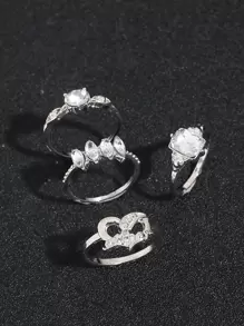 15pcs Bohemian Style Heart & Leaf Shaped Rhinestone Inlaid Rings For Women, Gift For Lady - Silver - View 3