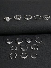 15pcs Bohemian Style Heart & Leaf Shaped Rhinestone Inlaid Rings For Women, Gift For Lady - Silver - View 5