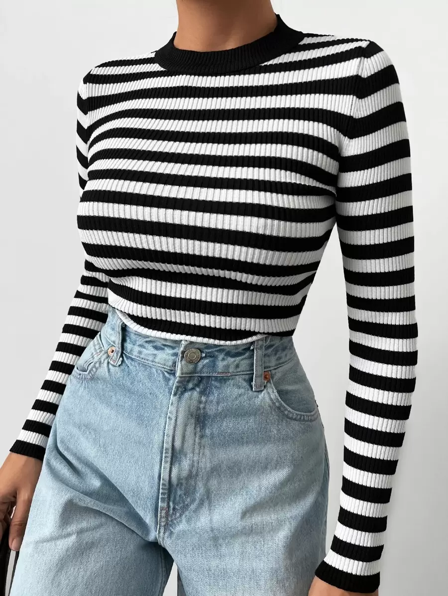 EURMUSE Jersey con patrón de rayas tejido de canalé - Blanco y Negro - Ver 1