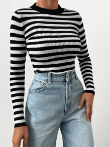 EURMUSE Jersey con patrón de rayas tejido de canalé - Blanco y Negro - Ver 4