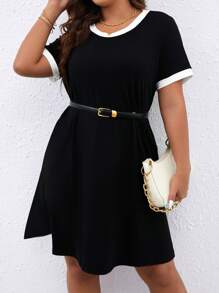 SHEIN LUNE Plus Contrast Trim Tee Dress Without Belt - Black - View 4