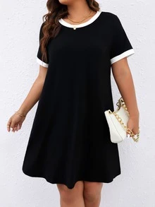 SHEIN LUNE Plus Contrast Trim Tee Dress Without Belt - Black - View 6