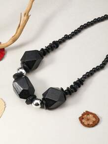 1 vòng cổ đính cườm bằng gỗ Boho cho phụ nữ để trang trí hàng ngày - màu đen - Xem 2