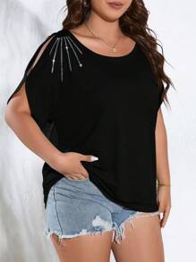 SHEIN Clasi Plus Size Women Solid Color Knitted Round Neck With Ripped Shoulder Rhinestone Design Casual Summer T-Shirt Graphic Tees Women Tops - Black - View 3