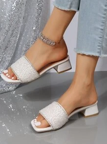French Style Rhinestone Slip-On Sandals, Women Thick Heel Open Toe Slippers, Fashion Summer New Arrivals