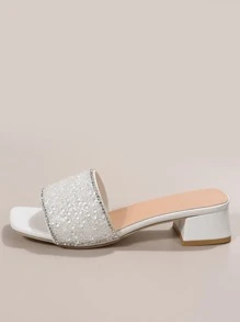 French Style Rhinestone Slip-On Sandals, Women Thick Heel Open Toe Slippers, Fashion Summer New Arrivals