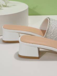 French Style Rhinestone Slip-On Sandals, Women Thick Heel Open Toe Slippers, Fashion Summer New Arrivals