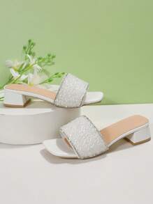 French Style Rhinestone Slip-On Sandals, Women Thick Heel Open Toe Slippers, Fashion Summer New Arrivals