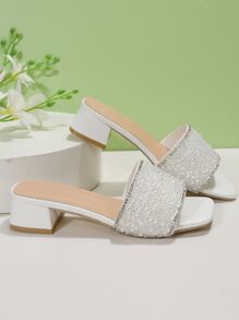 French Style Rhinestone Slip-On Sandals, Women Thick Heel Open Toe Slippers, Fashion Summer New Arrivals