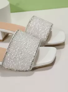 French Style Rhinestone Slip-On Sandals, Women Thick Heel Open Toe Slippers, Fashion Summer New Arrivals
