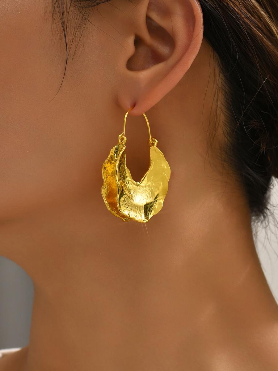 1對時尚紋理質感圓耳環適合女士日常裝飾 - 金黃色 - 查看 1