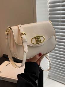 Small Shoulder Bag Solid Color Flap Design - Beige - View 1