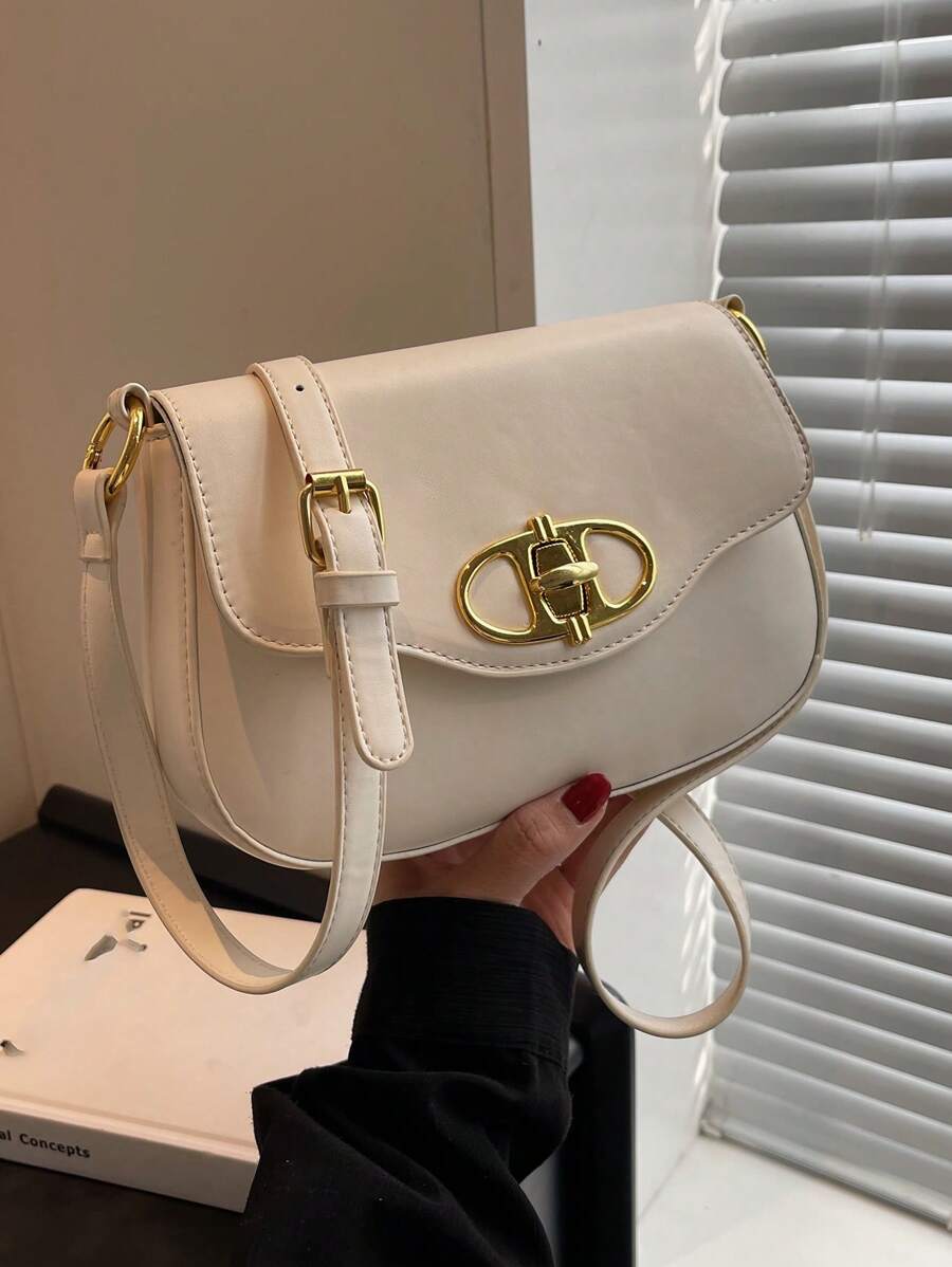 Small Shoulder Bag Solid Color Flap Design - Beige - View 1