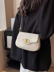 Small Shoulder Bag Solid Color Flap Design - Beige - View 2