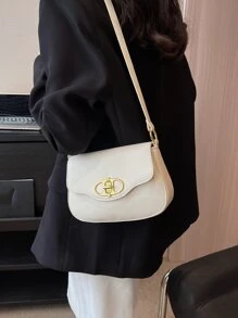 Small Shoulder Bag Solid Color Flap Design - Beige - View 3