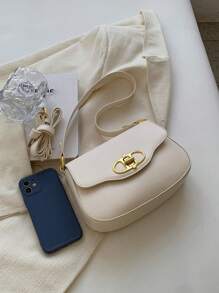 Small Shoulder Bag Solid Color Flap Design - Beige - View 4