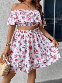 SHEIN Holidaya con estampado floral de hombros descubiertos Top crop & bajo con fruncido Falda - Blanco - Ver 1