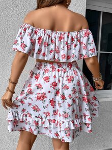 SHEIN Holidaya con estampado floral de hombros descubiertos Top crop & bajo con fruncido Falda - Blanco - Ver 2
