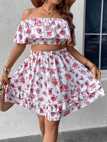 SHEIN Holidaya con estampado floral de hombros descubiertos Top crop & bajo con fruncido Falda - Blanco - Ver 3