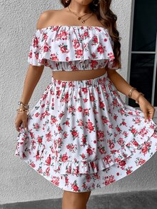 SHEIN Holidaya con estampado floral de hombros descubiertos Top crop & bajo con fruncido Falda - Blanco - Ver 4